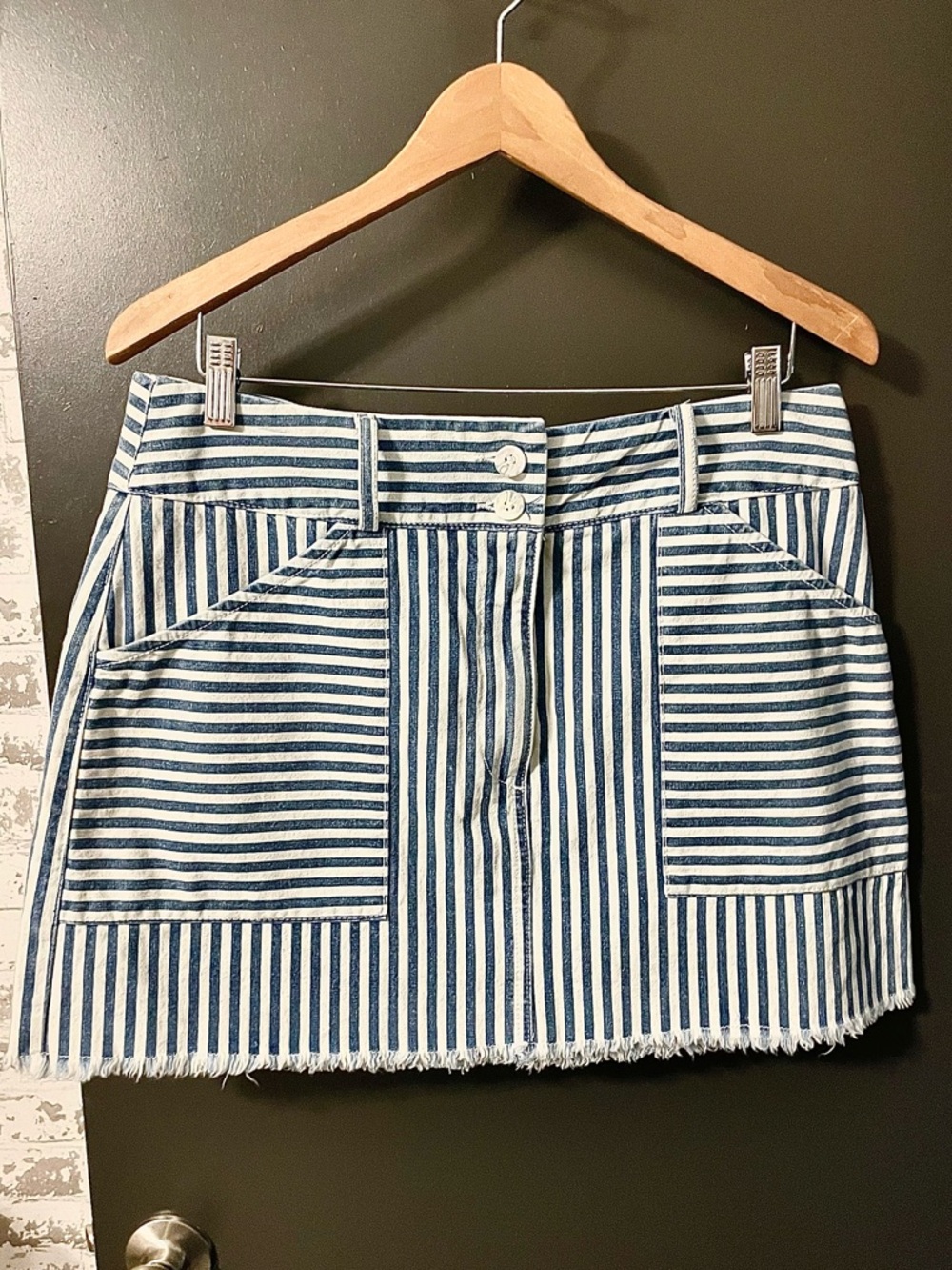 NWOT Self Contrast Blue White Striped Mini Skirt Pockets Cotton Size Large USA - Picture 2 of 7